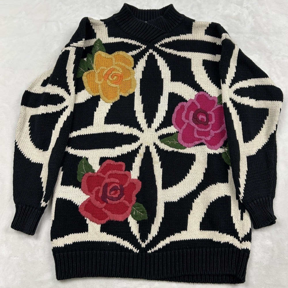 Knitting Needles Sweater Women S Black Floral Geometric Embroidered Vintage